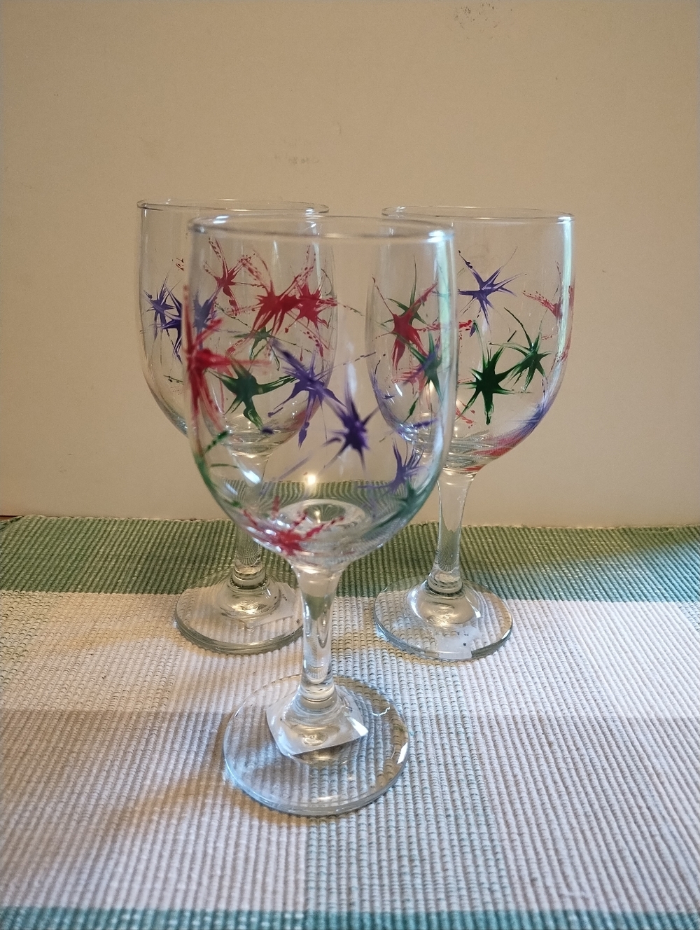Set of 3 Hand-Painted Wine Glasses with Colorful Starburst Design